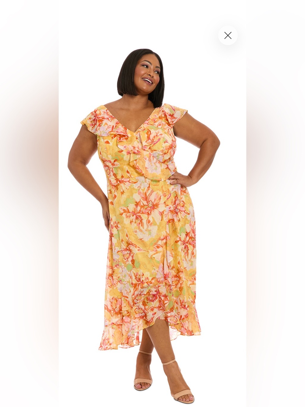 London Times Yellow Floral High-Low Ruffle Midi Dress